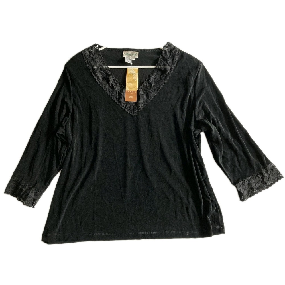 Vtg Coldwater Creek Blouse Women 2X Lace Vneck Lace Travel Knit 3/4 Sleeve NWT
